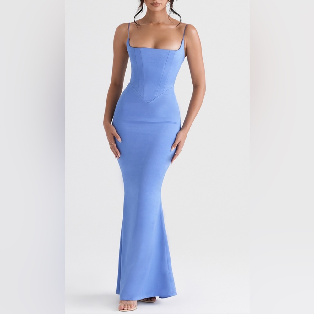 House of CB Olivette Periwinkle Satin Corset Maxi Dress